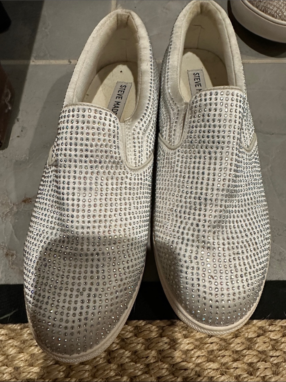 Steve Madden White Crystal-Studded Slip-On Mules